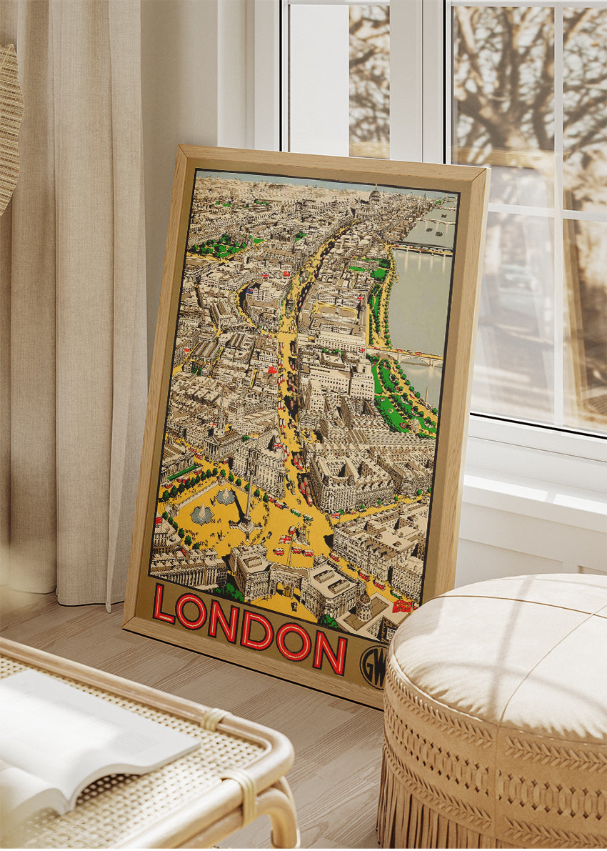 Vintage London City Map Poster & Canvas Print – Illustrated Aerial View Travel Art – A1005