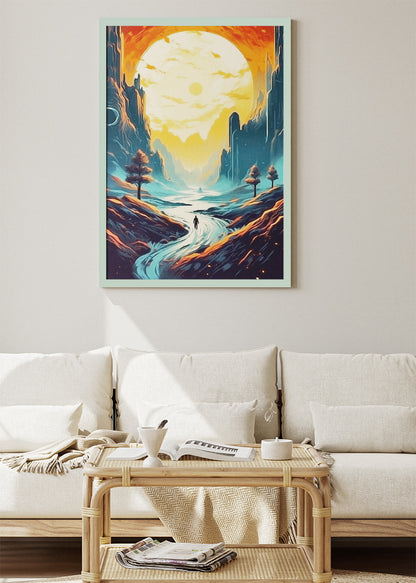 Surreal Canyon Path Under Giant Sun – Fantasy Landscape Wall Art Poster & Canvas – AI PRINT LAB