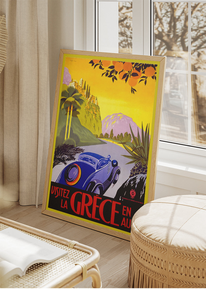 Vintage Greece Car Journey Poster & Canvas Print – Retro Scenic Road Travel Art