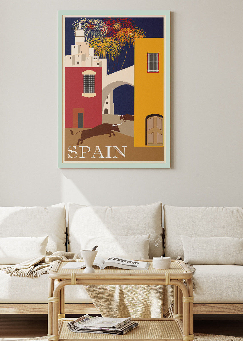 Spain Travel Poster & Canvas Print – Vintage Bull Run Illustration Art
