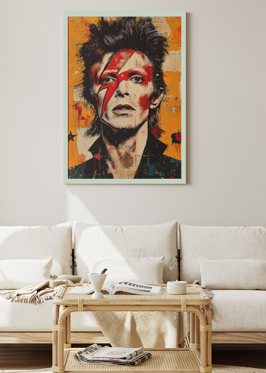 David Bowie Ziggy Stardust Lightning Bolt Portrait – Iconic Glam Rock Wall Art Poster & Canvas