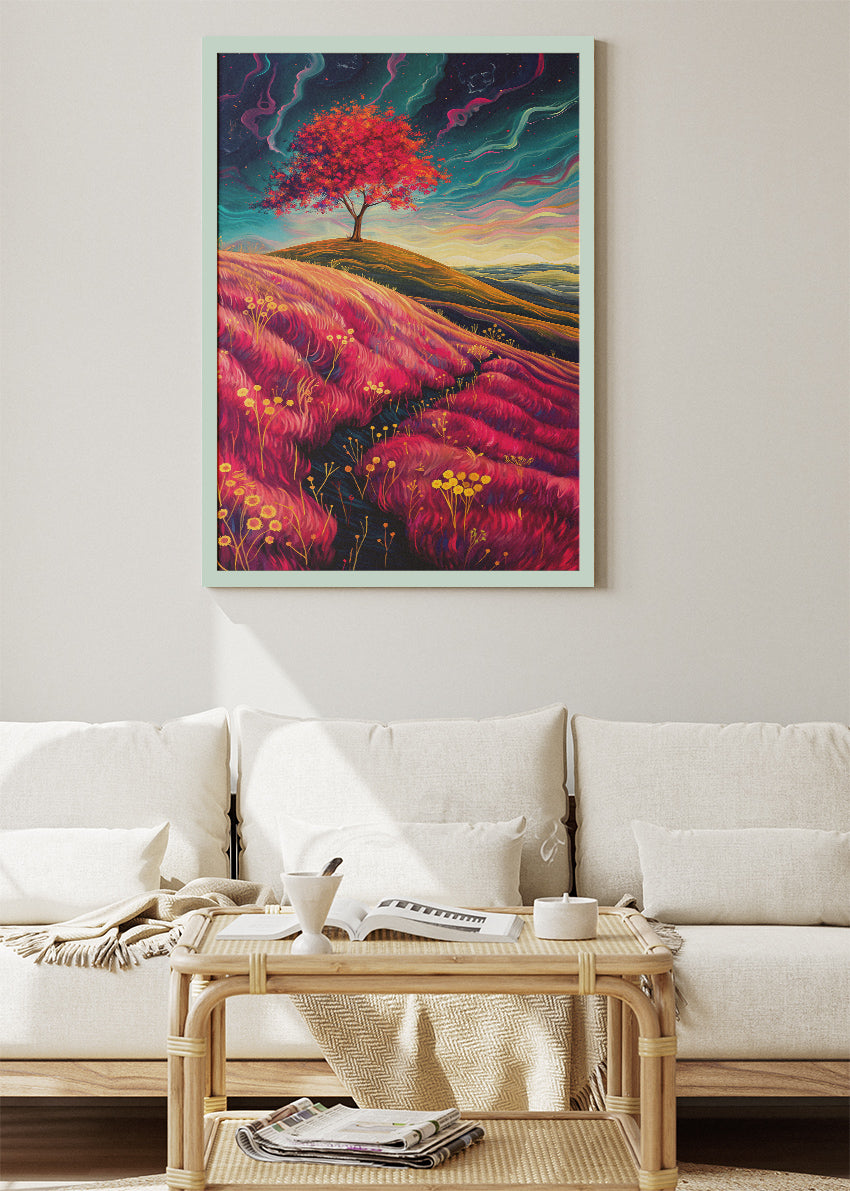 Surreal Crimson Hills & Lone Tree – Vibrant Dreamscape Canvas & Poster Print – AI PRINT LAB