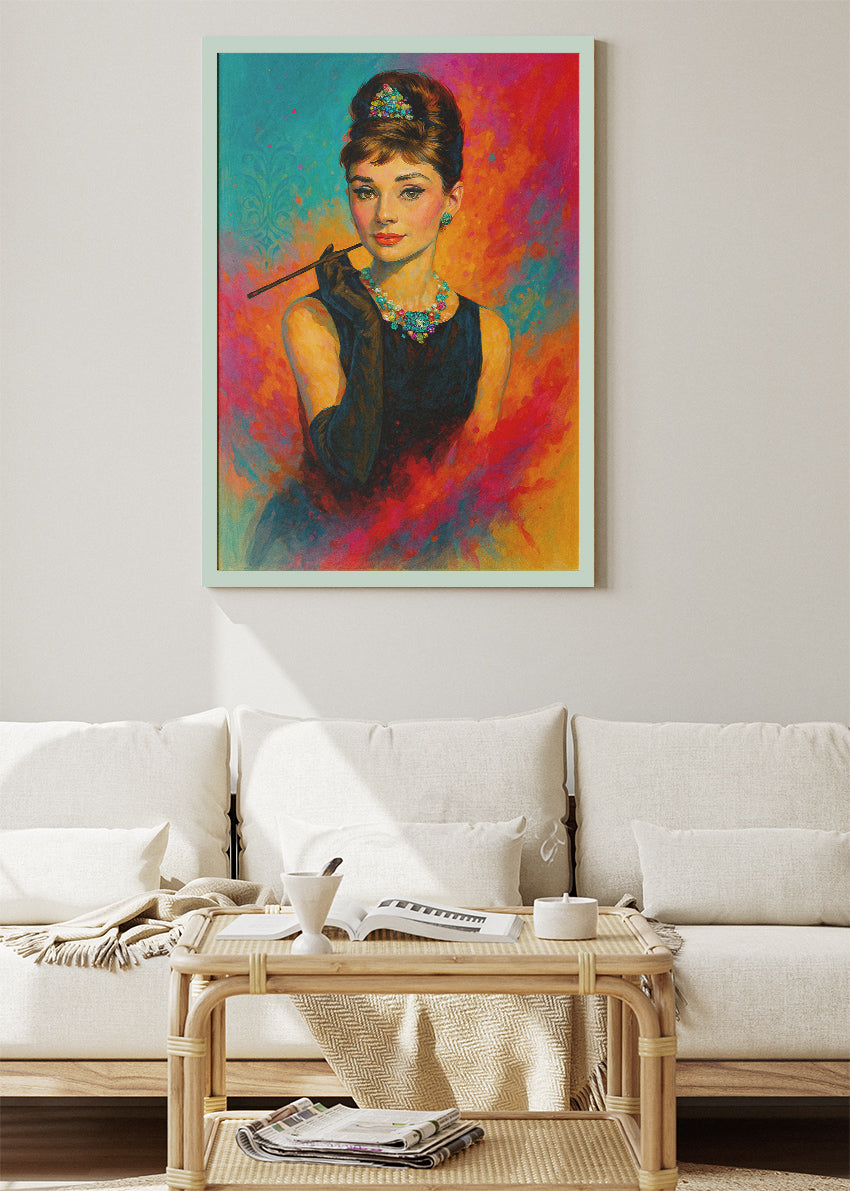 Audrey Hepburn Elegant Portrait with Cigarette Holder – Classic Hollywood Wall Art Poster & Canvas