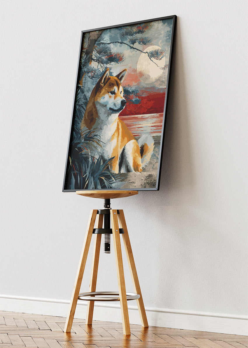 Shiba Inu Moonlit Lakeside Wall Art Poster & Canvas Print – Serene Dog Illustration