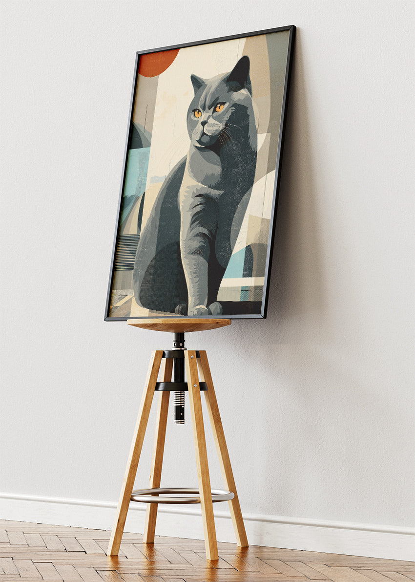 Modern Grey Cat Abstract Wall Art Poster & Canvas Print – Minimalist Feline Illustration