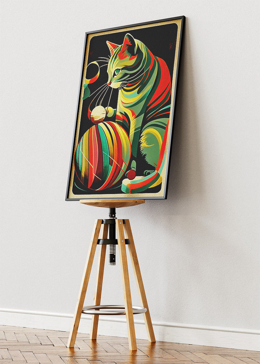 Retro Striped Cat Wall Art Poster & Canvas Print – Colorful Mid-Century Feline Illustration