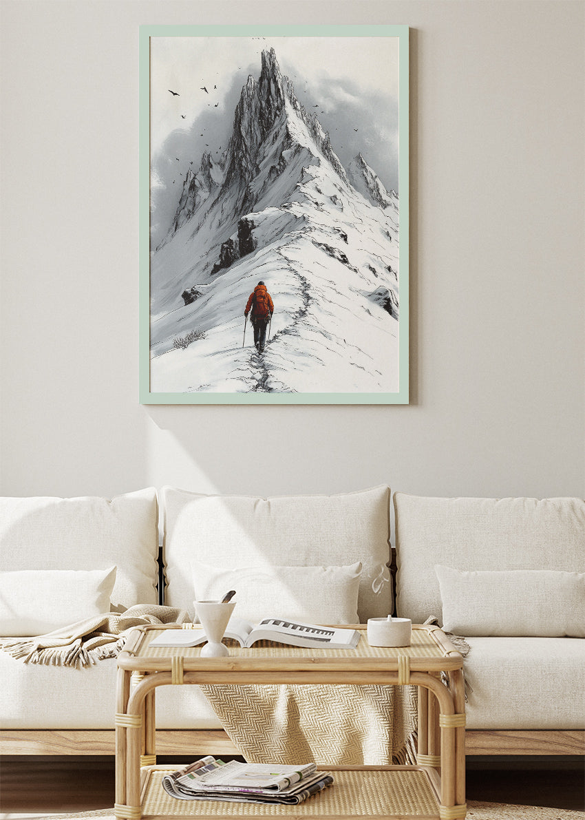 Lone Hiker on Snowy Peak – Minimalist Mountain Adventure Wall Art Poster & Canvas – AI PRINT LAB