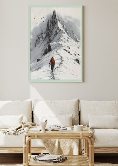 Lone Hiker on Snowy Peak – Minimalist Mountain Adventure Wall Art Poster & Canvas – AI PRINT LAB