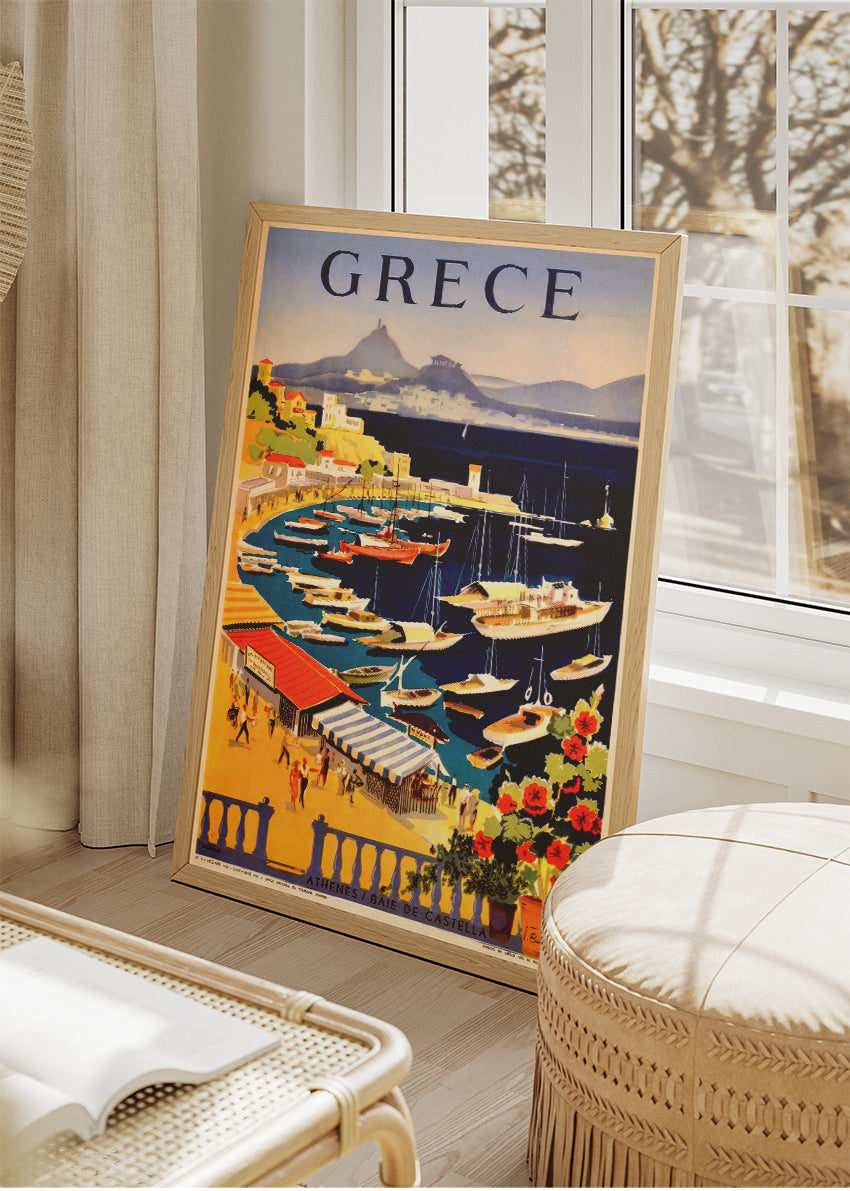 Greece Vintage Harbour Poster & Canvas Print – Athens Baie de Castella Retro Travel Art