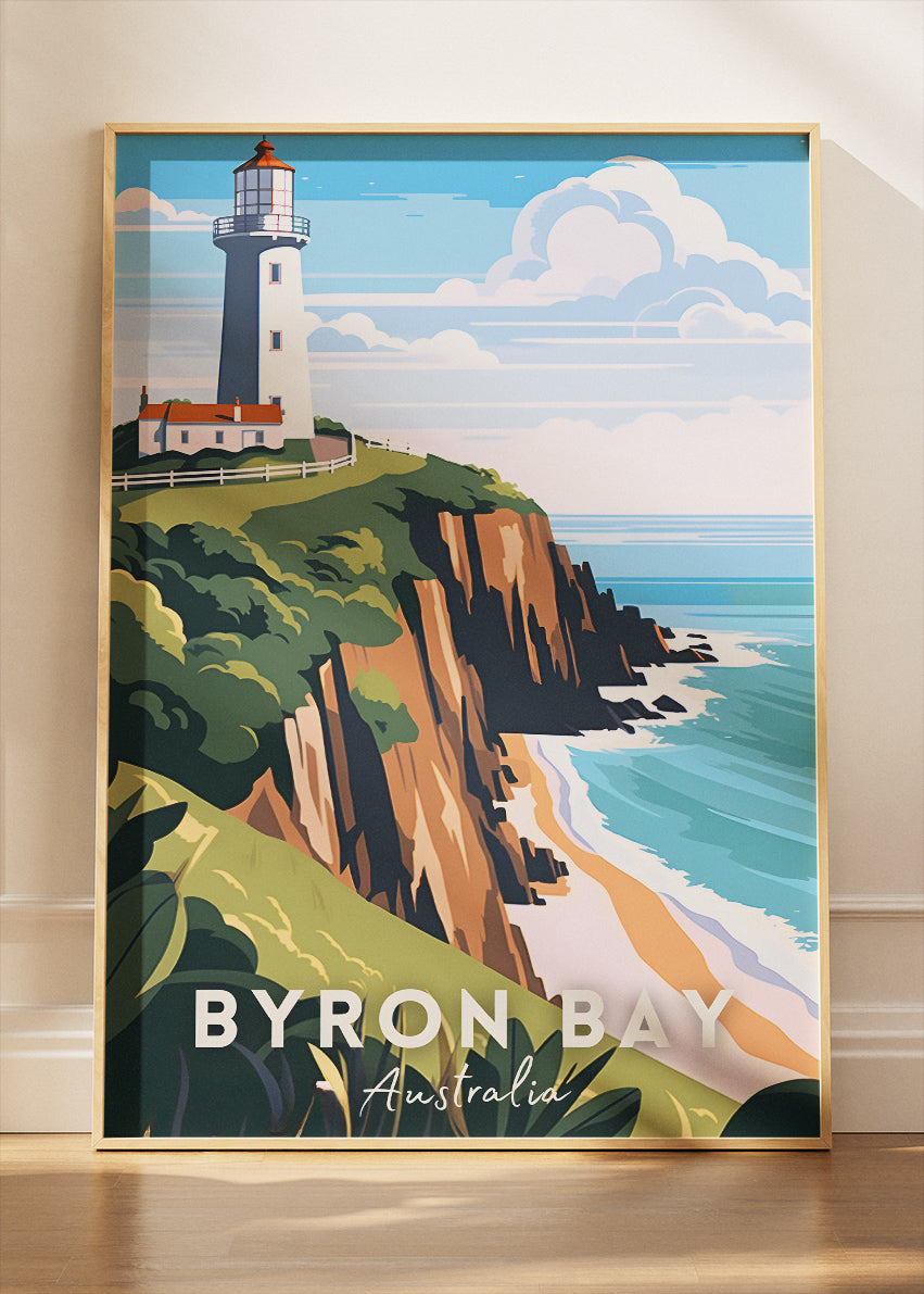 Byron Bay Australia Travel Poster & Canvas Wall Art – Lighthouse Coastal Cliff Illustration Print