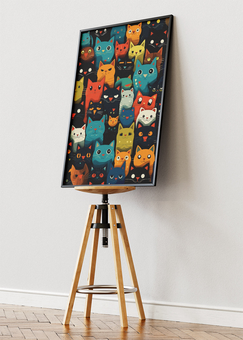 Colorful Cartoon Cats Wall Art Poster & Canvas Print – Playful Feline Pattern Illustration