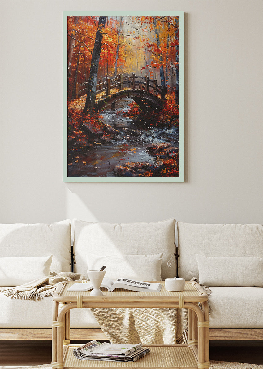 Autumn Woodland Bridge – Warm Forest Stream Canvas & Poster Print – AI PRINT LAB