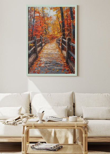 Autumn Boardwalk Path – Rustic Fall Forest Canvas & Poster Print – AI PRINT LAB