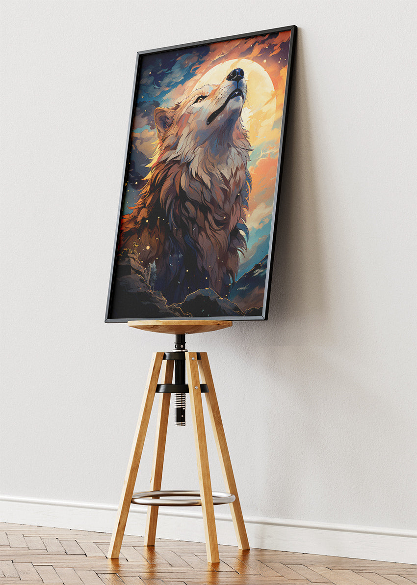 Majestic Wolf Under Moonlight Wall Art Poster & Canvas Print – Fantasy Wildlife Illustration