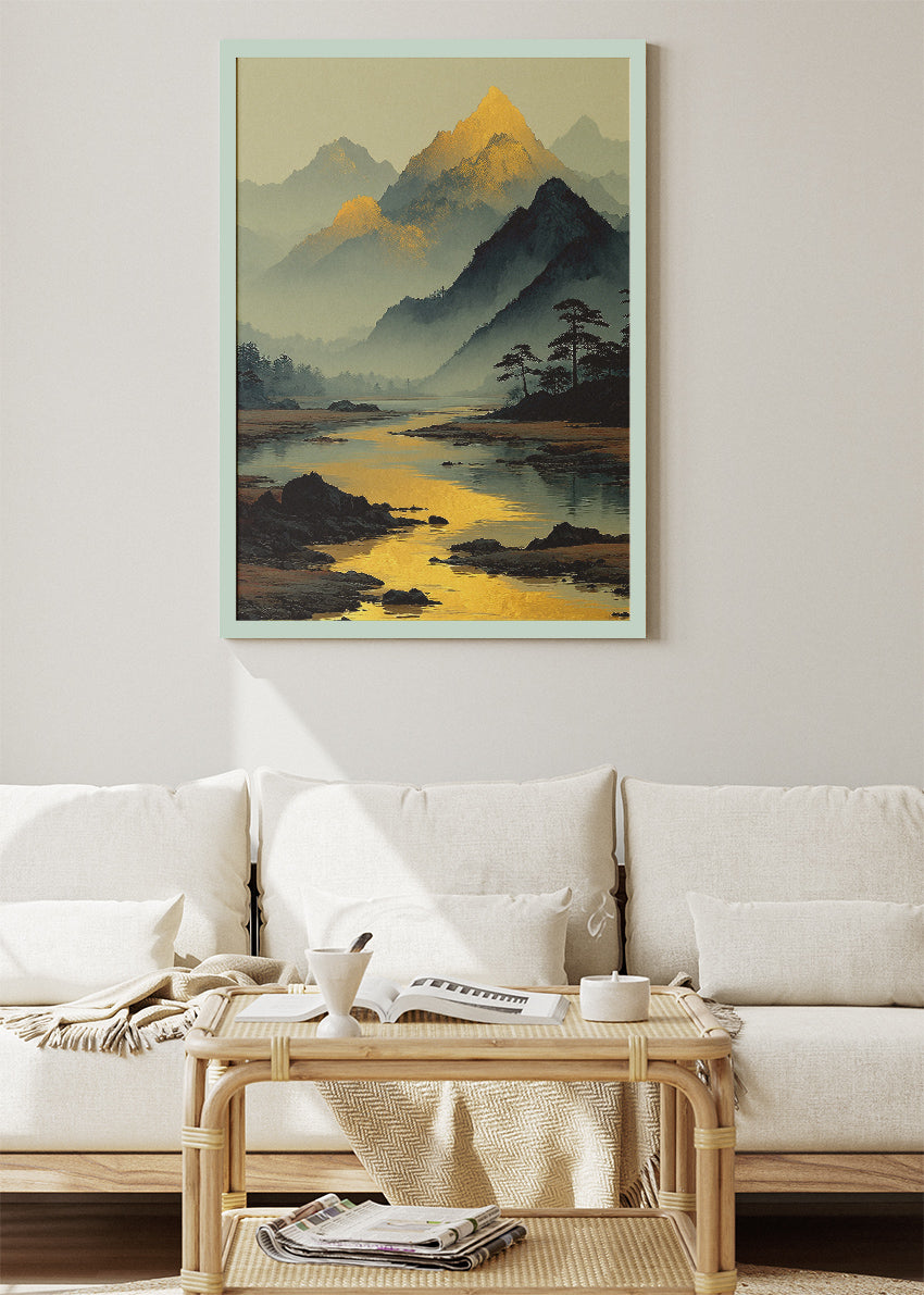 Golden Mountain Reflection – Tranquil River Landscape Canvas & Poster Print – AI PRINT LAB