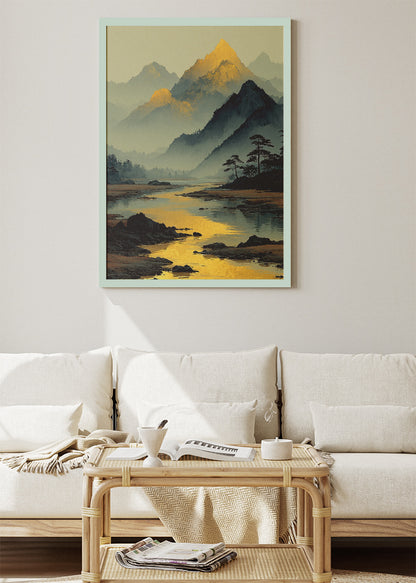 Golden Mountain Reflection – Tranquil River Landscape Canvas & Poster Print – AI PRINT LAB