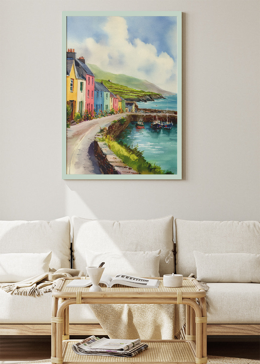 Colorful Coastal Village Harbor – Seaside Town Canvas & Poster Print – AI PRINT LAB