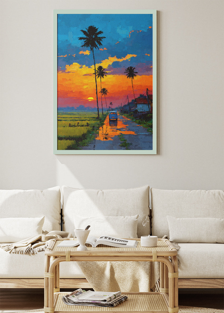 Tropical Sunset Road with Palm Trees – Vibrant Evening Landscape Canvas & Poster Print – AI PRINT LAB