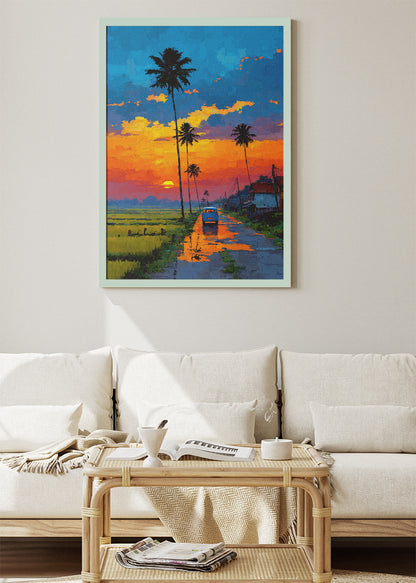 Tropical Sunset Road with Palm Trees – Vibrant Evening Landscape Canvas & Poster Print – AI PRINT LAB