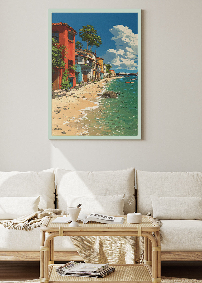 Mediterranean Seaside Village – Coastal Beach Houses Canvas & Poster Print – AI PRINT LAB