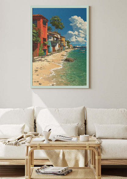 Mediterranean Seaside Village – Coastal Beach Houses Canvas & Poster Print – AI PRINT LAB