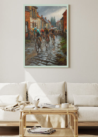 Rain-Soaked Cobblestone Cycling Race Art Print & Canvas – European Street Bicycle Wall Art