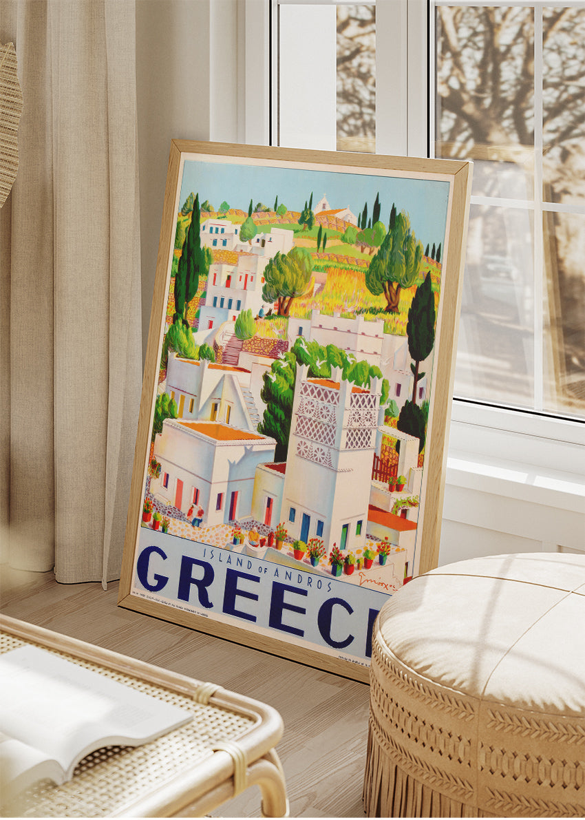 Andros Greece Illustrated Poster & Canvas Print – Colorful Island Village Travel Art