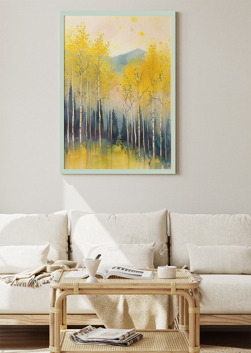 Yellow Birch Forest Wall Art – Soft Watercolour Woodland Canvas Print & Modern Nature Landscape Poster for Living Room Decor UK