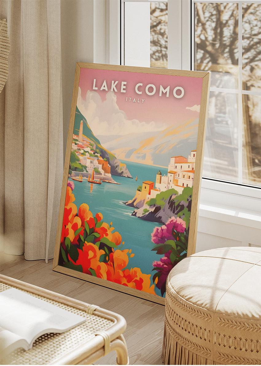 Lake Como Italy Poster & Canvas Print – Illustrated Coastal Village Art