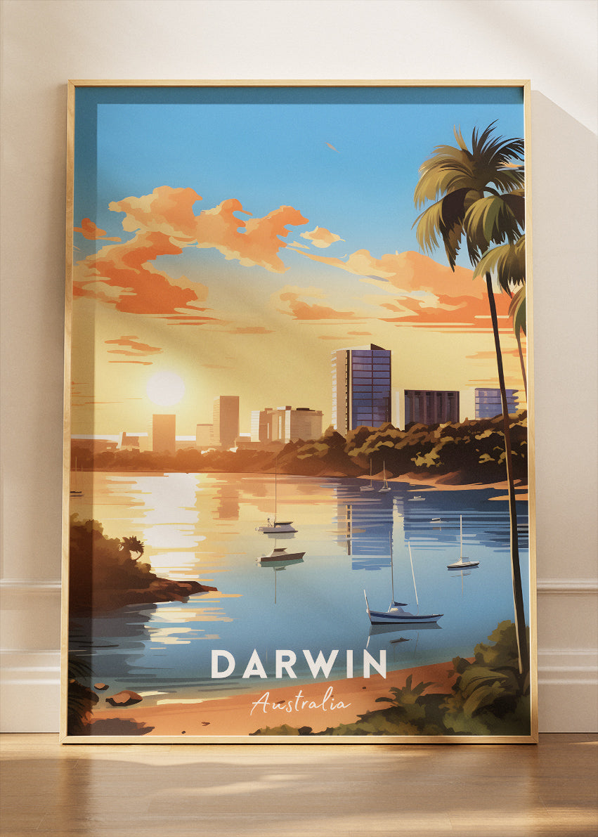 Darwin Australia Travel Poster & Canvas Wall Art – Tropical Skyline Sunset Illustration Print