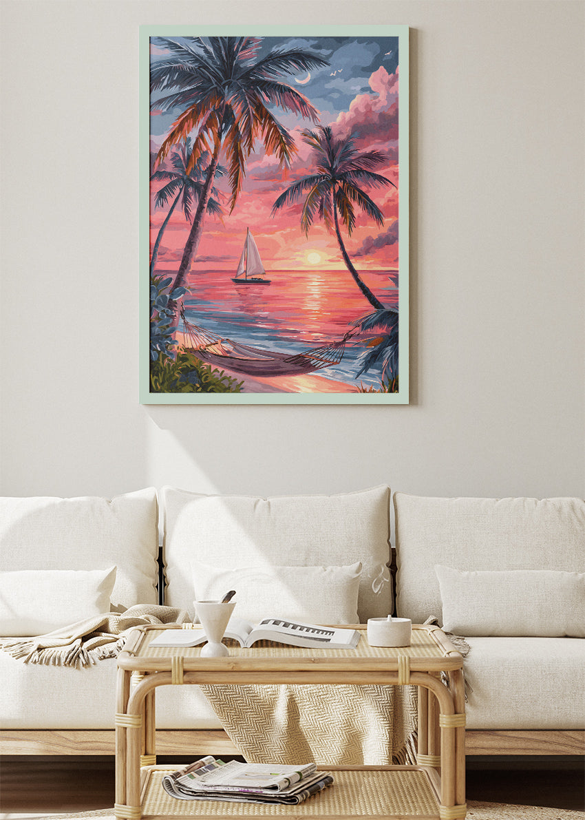 Tropical Sunset with Sailboat – Palm Tree Beach Canvas & Poster Print – AI PRINT LAB