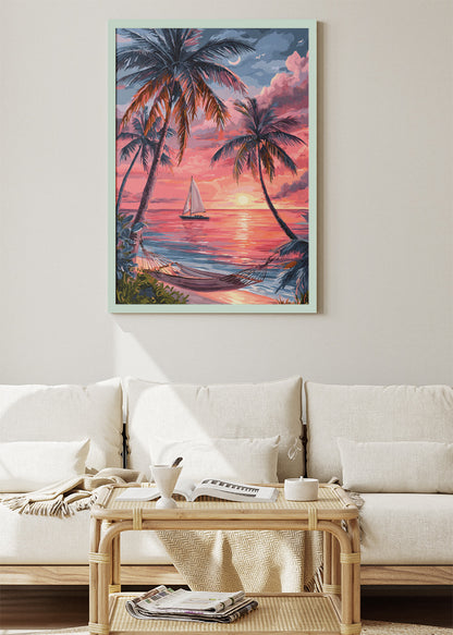 Tropical Sunset with Sailboat – Palm Tree Beach Canvas & Poster Print – AI PRINT LAB