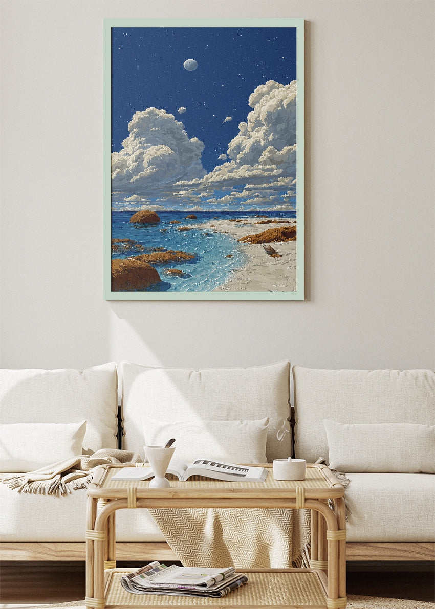 Moonlit Coastal Shore – Starry Night Ocean Canvas & Poster Print – AI PRINT LAB