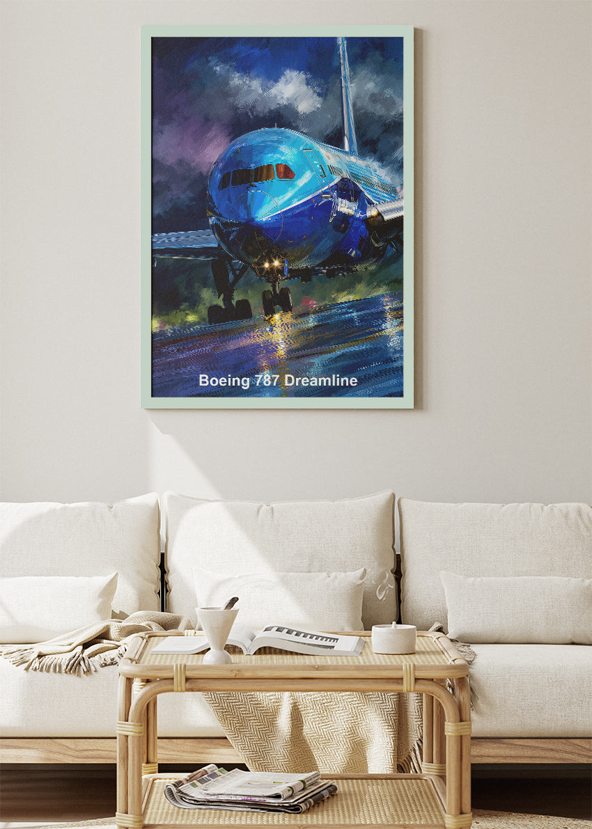 Boeing 787 Dreamliner Poster & Canvas Print – Rainy Runway Aviation Art – Aiprintlab