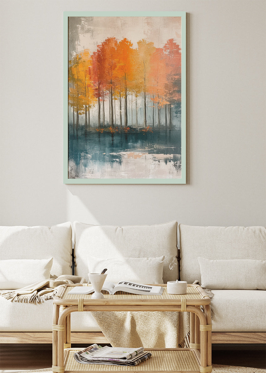 Autumn Lake Reflection Wall Art – Orange Woodland Canvas Print & Modern Abstract Forest Poster for Living Room Decor UK