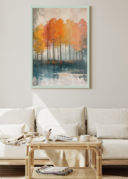 Autumn Lake Reflection Wall Art – Orange Woodland Canvas Print & Modern Abstract Forest Poster for Living Room Decor UK