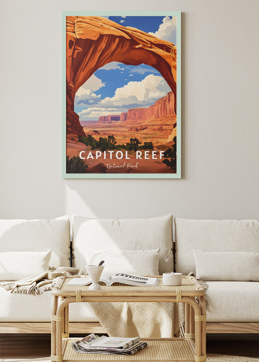 Capitol Reef National Park Poster & Canvas Print – Red Rock Arch Desert Landscape Illustration Wall Art