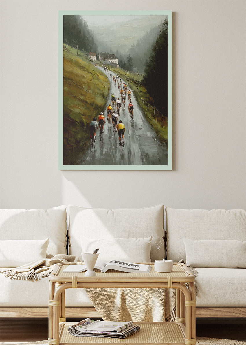 Misty Mountain Road Cycling Art Print & Canvas – Atmospheric Peloton Bicycle Wall Art