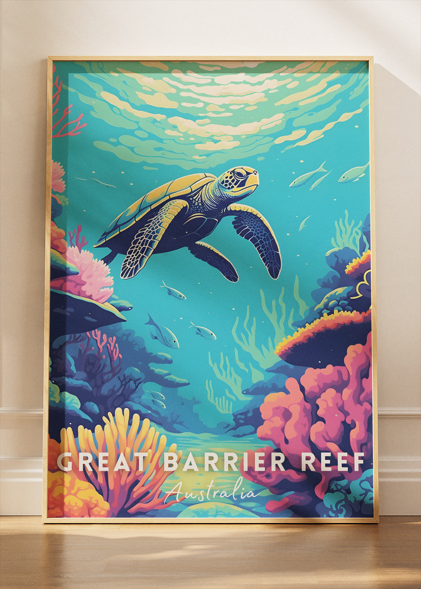 Great Barrier Reef Australia Travel Poster & Canvas Wall Art – Sea Turtle Coral Reef Illustration Print