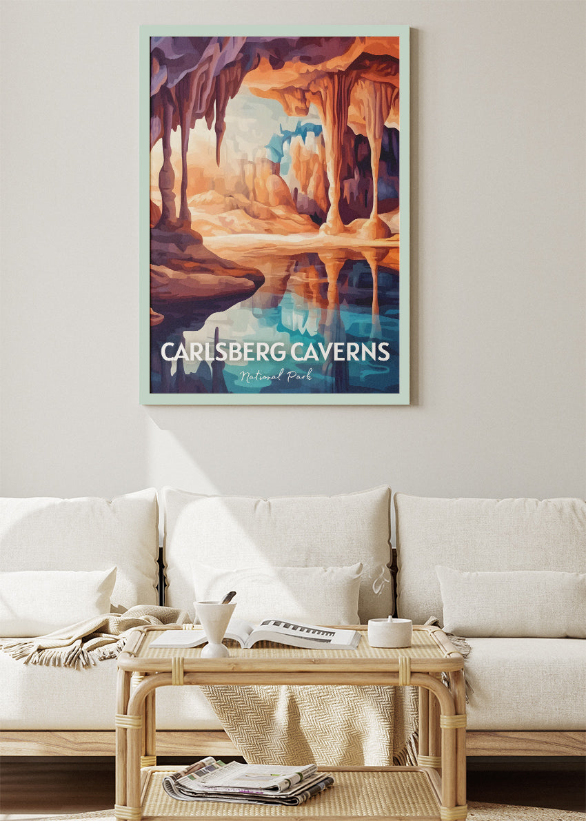Carlsberg Caverns National Park Poster & Canvas Print – Illustrated Cave Stalactite & Stalagmite Artwork Wall Art