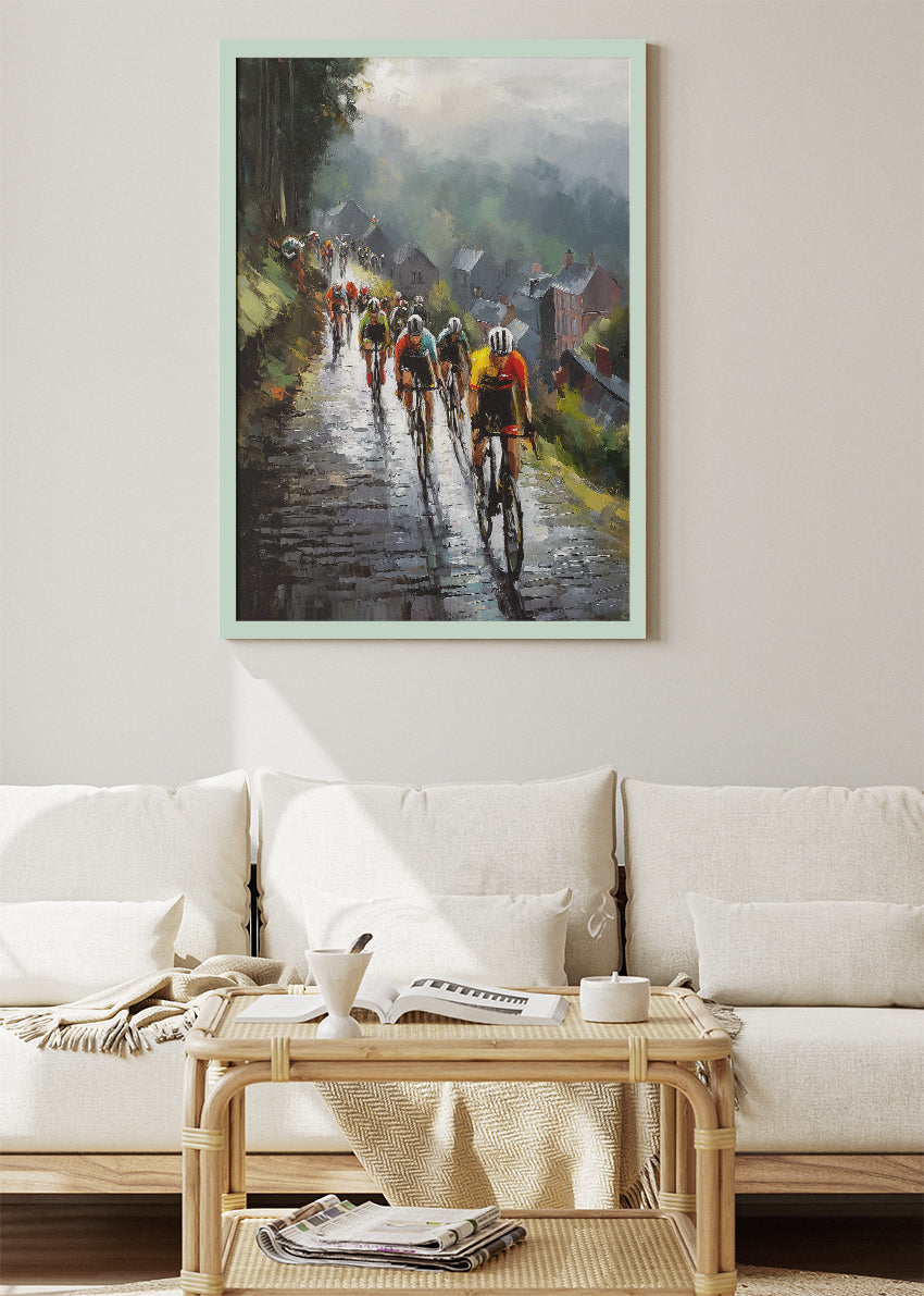 Rainy Hill Climb Cycling Art Print & Canvas – Classic European Peloton Wall Art
