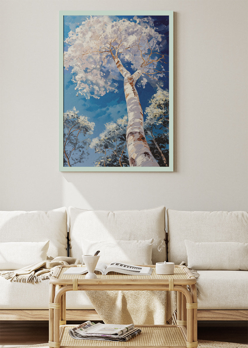 White Birch Tree Wall Art – Upward Forest Canvas Print & Modern Blue Sky Nature Poster for Living Room Decor UK