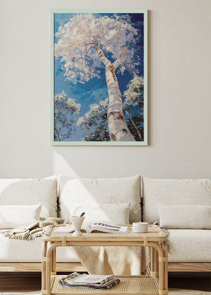 White Birch Tree Wall Art – Upward Forest Canvas Print & Modern Blue Sky Nature Poster for Living Room Decor UK