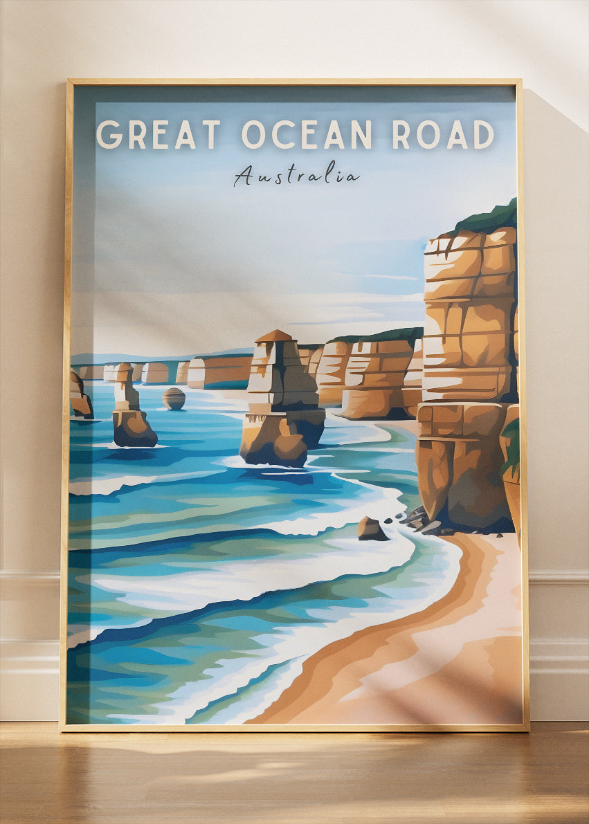 Great Ocean Road Australia Travel Poster & Canvas Wall Art – Twelve Apostles Coastal Illustration Print