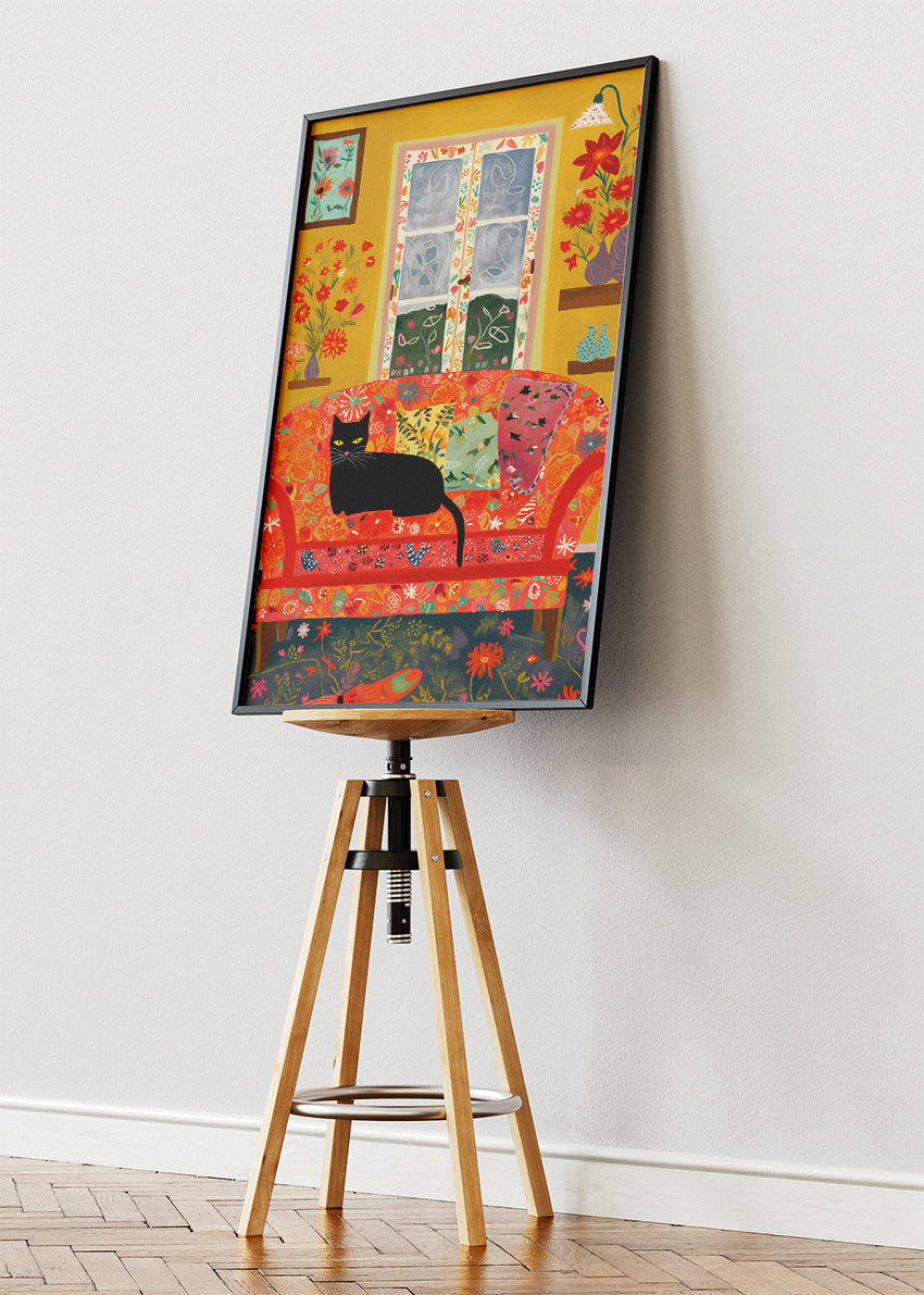 Cozy Cat Living Room Canvas Print & Poster – Colorful Home Wall Art