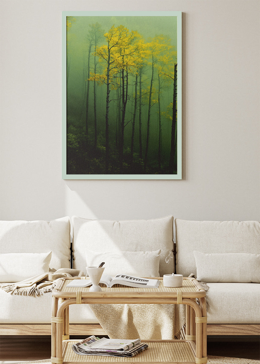 Misty Green Forest Wall Art – Moody Woodland Canvas Print & Yellow Tree Nature Poster for Living Room Decor UK