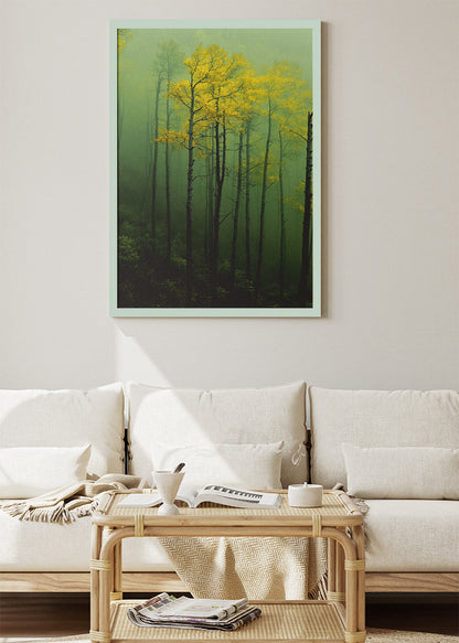 Misty Green Forest Wall Art – Moody Woodland Canvas Print & Yellow Tree Nature Poster for Living Room Decor UK