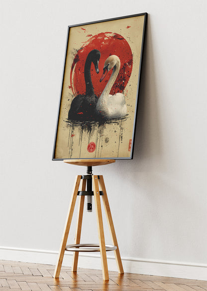 Black & White Swan Poster & Canvas Print – Japanese Red Sun Art