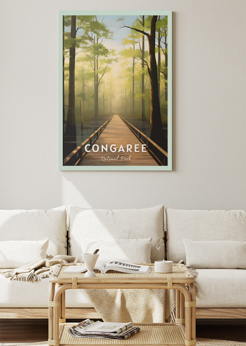 Congaree National Park Poster & Canvas Print – Illustrated Forest Boardwalk Landscape Wall Art