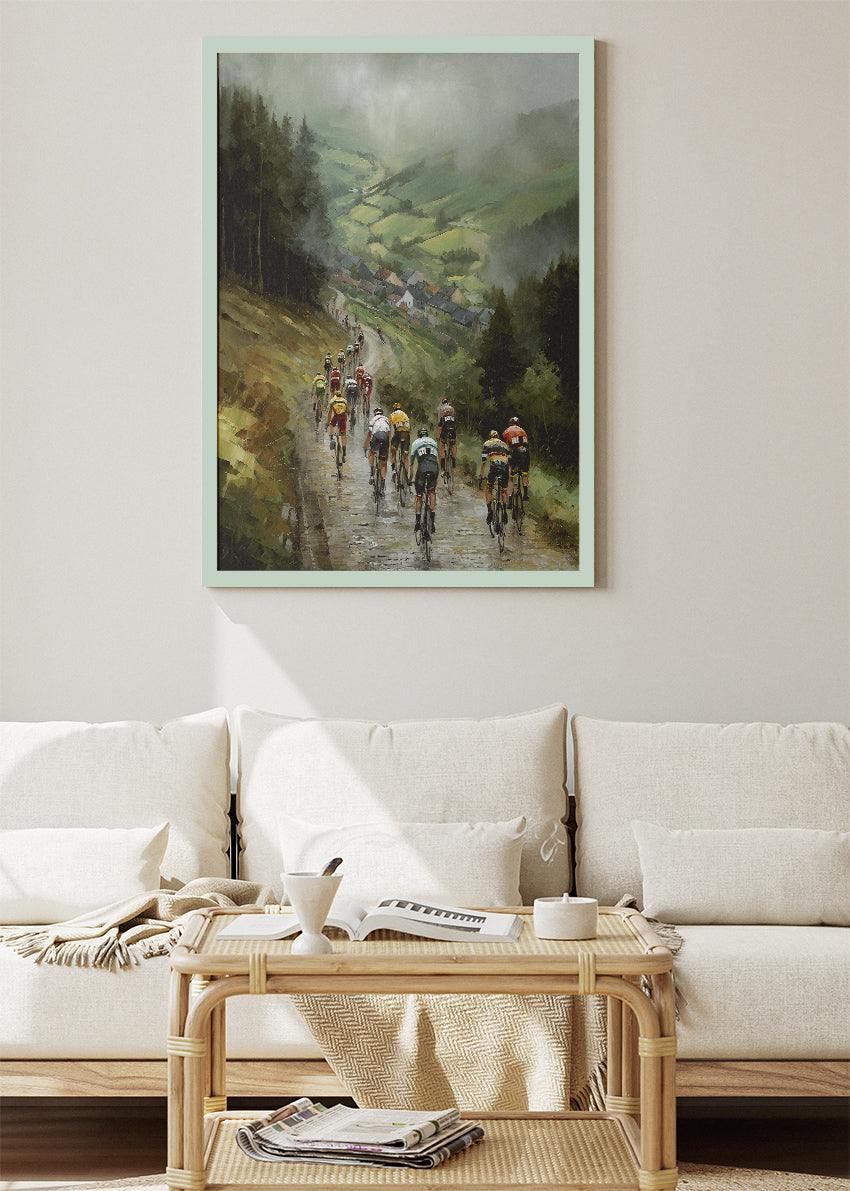 Misty Valley Cycling Descent Art Print & Canvas – Atmospheric European Peloton Wall Art